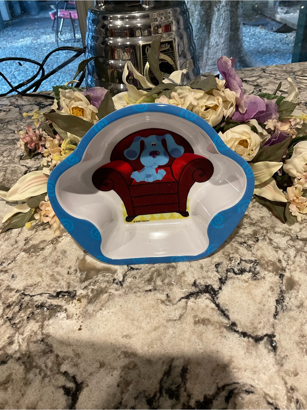 Blue Dog-Themed Decorative Trinket Dish with Red Chair Motif